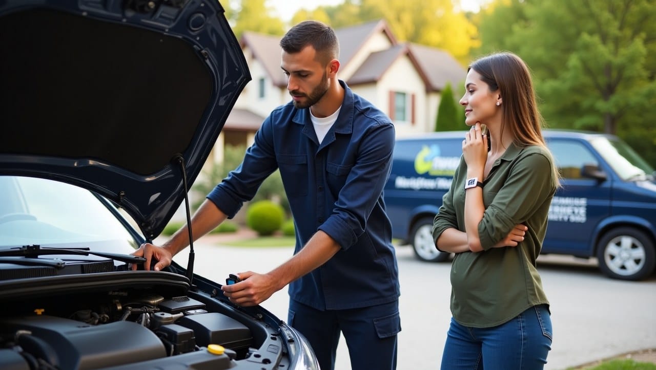 The background shows a cozy neighborhood with greenery and the mechanic’s van parked on the street and fixed the car issue
